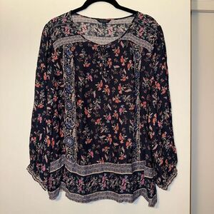 Lucky Brand Women’s Navy Blue Pink Boho Floral Top Size Large EUC
